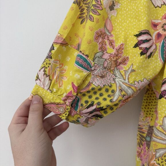 Loft Womens S Linen Blend Blouse Patchwork Puff Short Sleeve Boho Bold Preppy - Picture 6 of 7